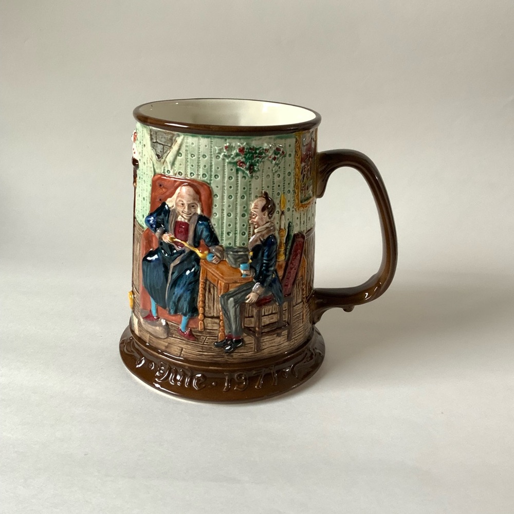Vintage Brown Ceramic Mug with Detailed Scene